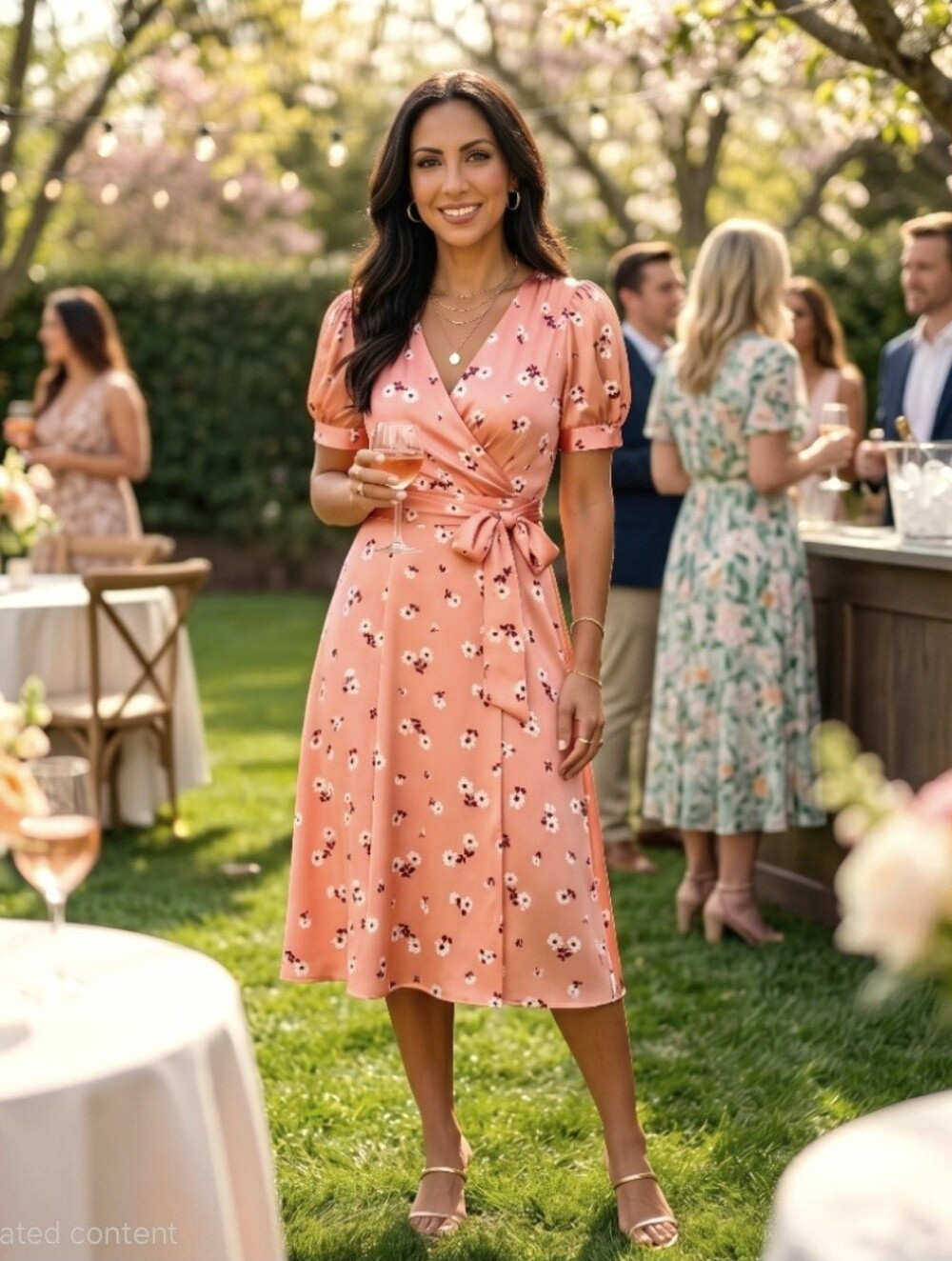 DKNY Coral Pink Floral Wrap Midi Dress